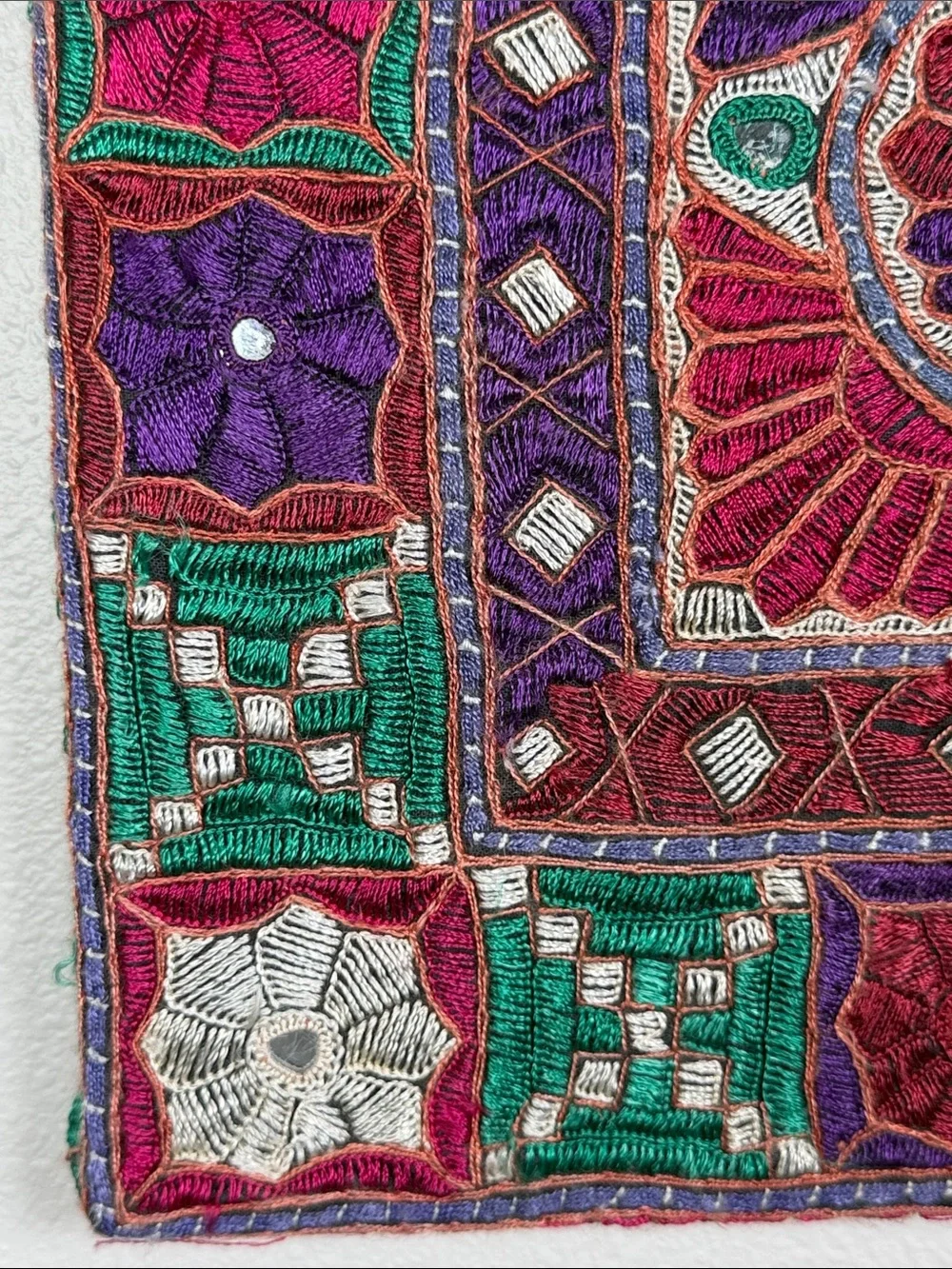 Vintage Tapestry Embroidered Mirrors Jewel Tones Crewel Square Wall Hanging
